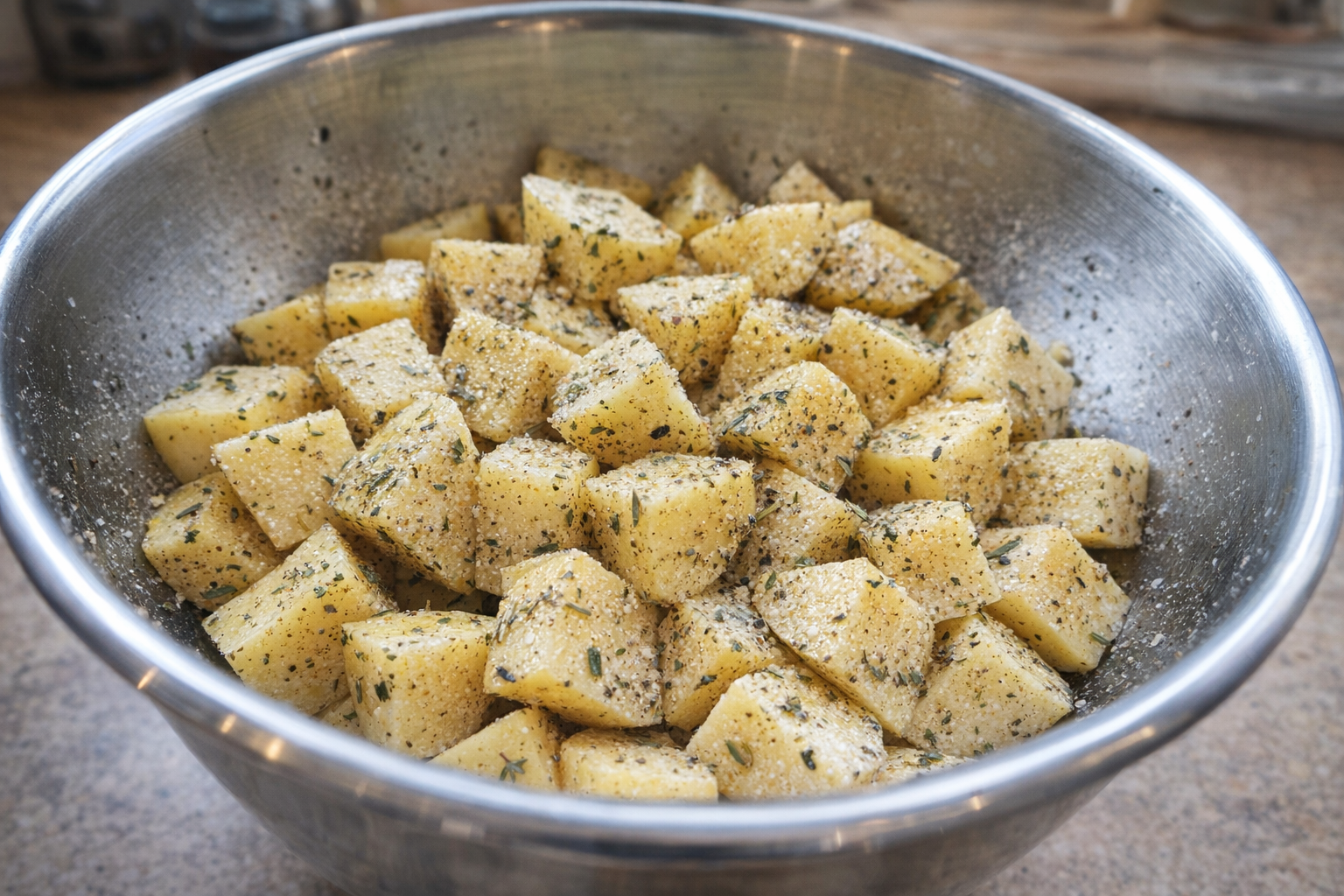 A close-up shot of raw, cubed Yukon Gold potatoes in a stainless steel mixing bowl, coated with olive oil, garlic powder, Italian seasoning, salt, and pepper